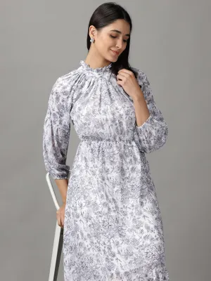 Women's White Floral Printed Fit and Flare Dress Drape Wave Linen Vibe