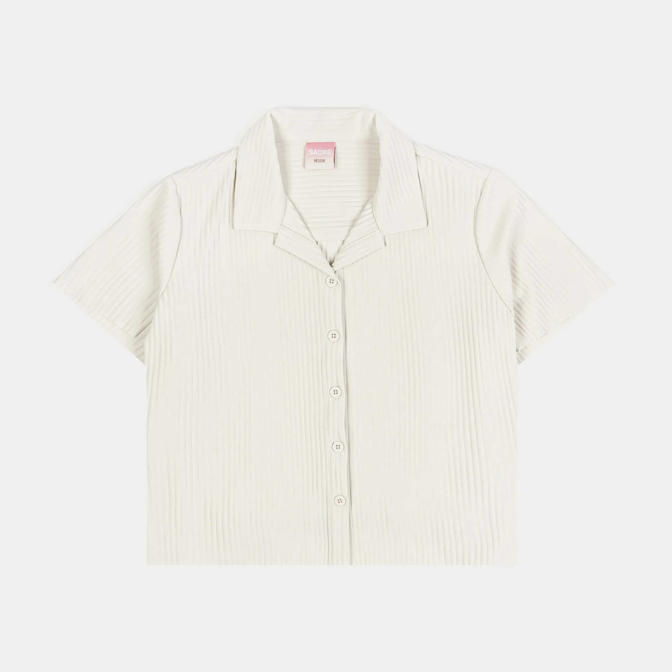 Pleated Button Up Womens Short Sleeve Shirt (Cream) Functional Fit Stretchable Fabric