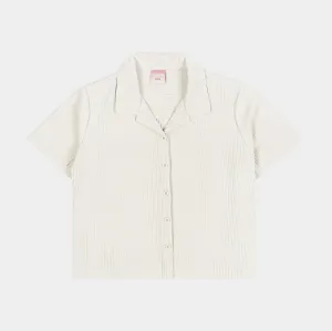 Pleated Button Up Womens Short Sleeve Shirt (Cream) Functional Fit Stretchable Fabric