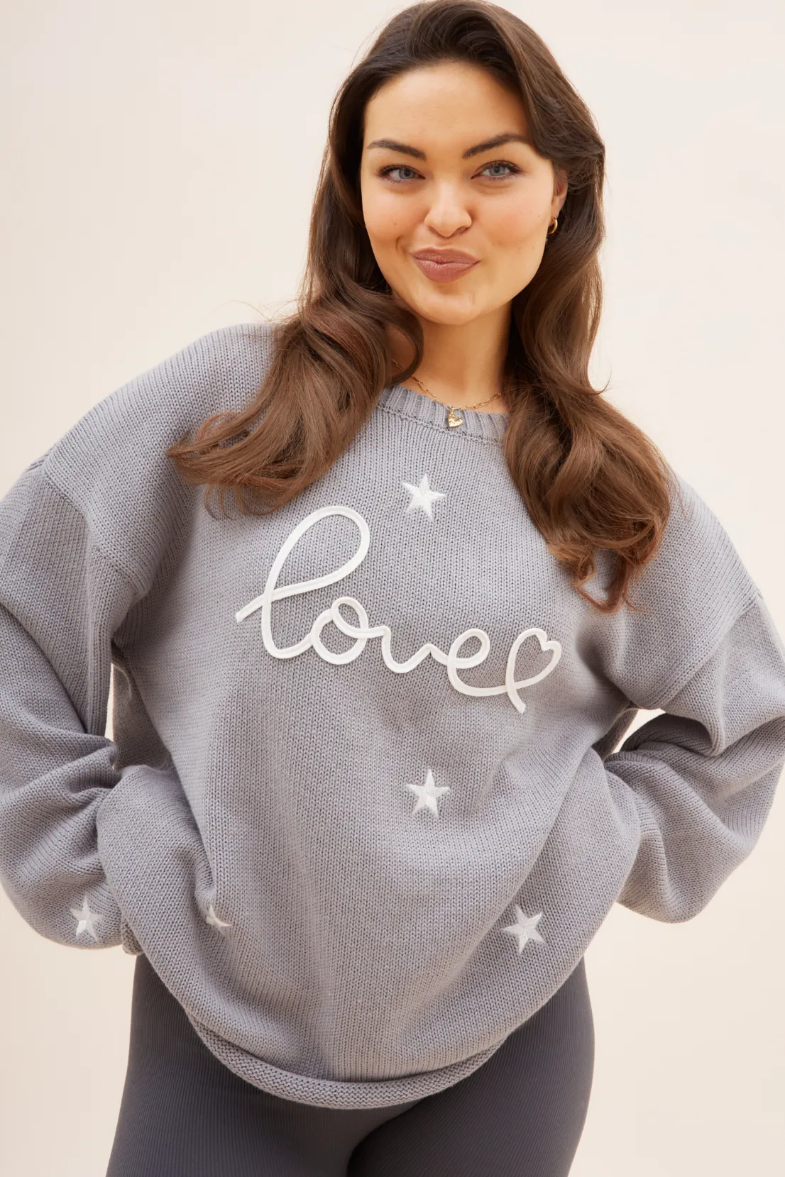 Loopwheel Construction Ribbed Trim O&F Love Embroidered Jumper - Grey