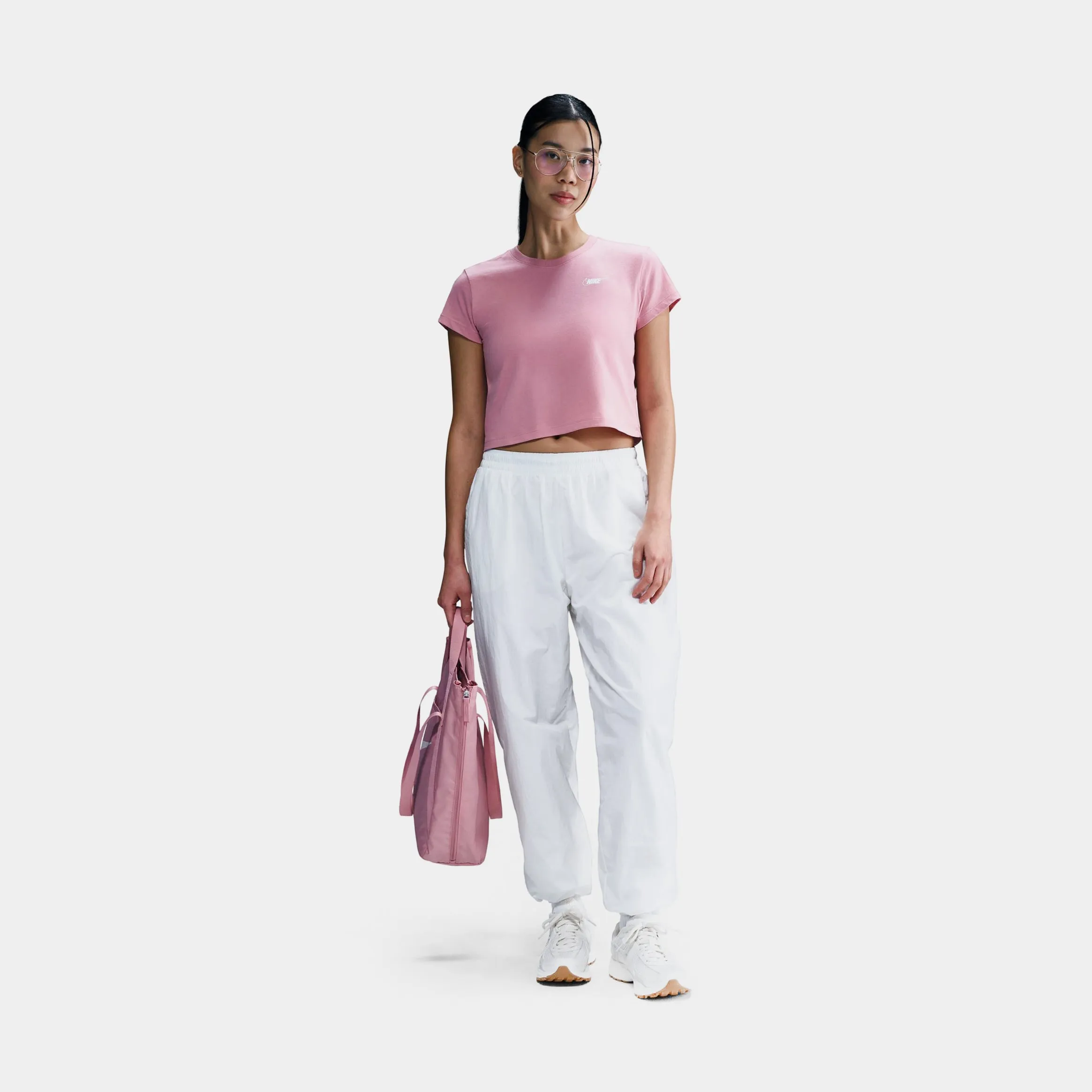 slim fit AdjustableCuffs NSW Club Cropped Womens Short Sleeve Shirt (White/Elemental Pink)