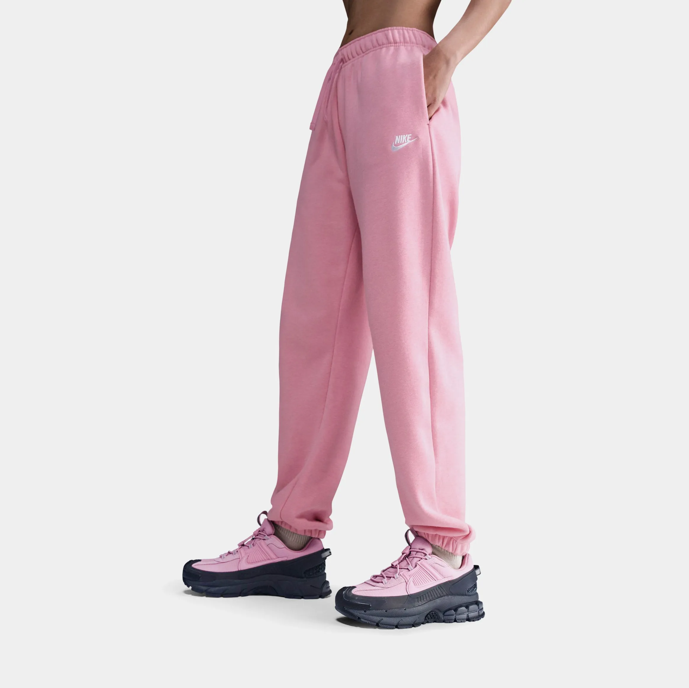 NSW Club Fleece Mid Rise Oversized Joggers Womens Sweatpants (Elemental Pink/Heather/White) Sleek Fit All Season Versatility