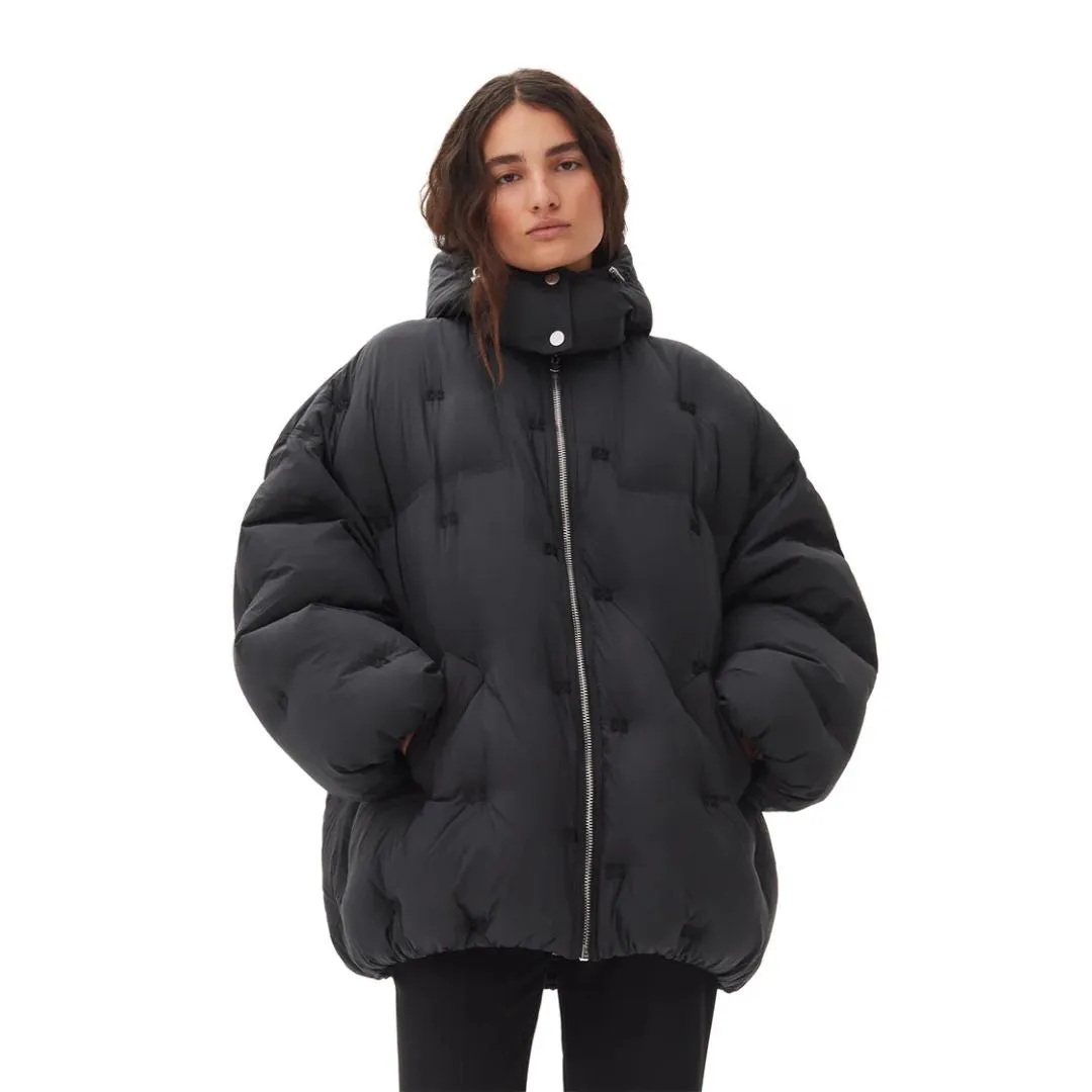 Tear Resistant Weekend Chill Style Nylon Tech Puffer Midi Jacket (Black)