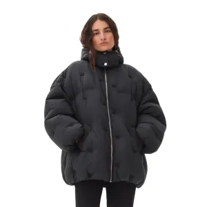 Tear Resistant Weekend Chill Style Nylon Tech Puffer Midi Jacket (Black)