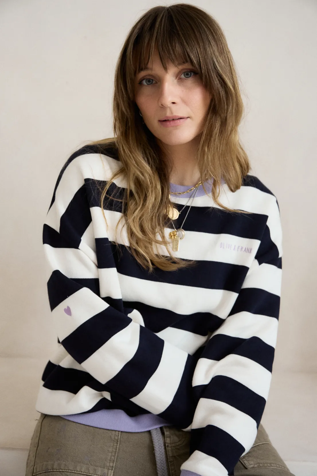 O&F Block Stripe Sweatshirt Chilly Weather buckle accents