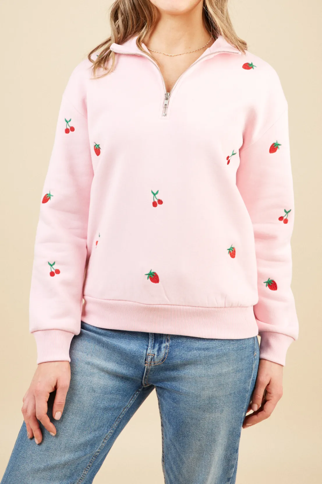 O&F Fruit Embroidered Quarter Zip Sweatshirt - Pink Comfortable Hoodie Active Wearable
