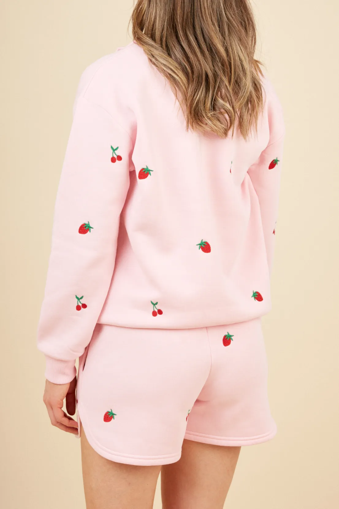 O&F Fruit Embroidered Quarter Zip Sweatshirt - Pink ideal for birthdays