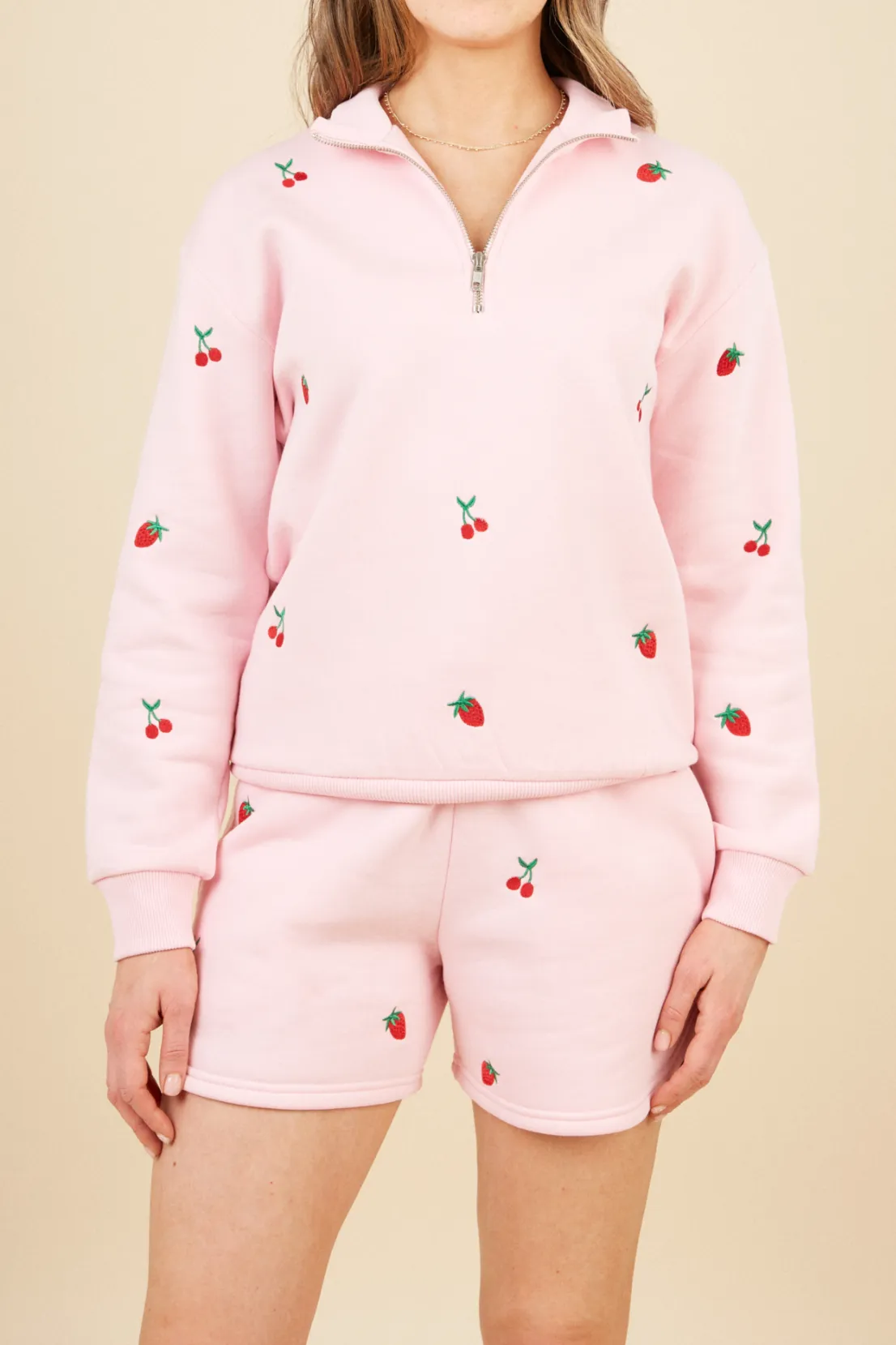 O&F Fruit Embroidered Shorts - Pink Movement Ready