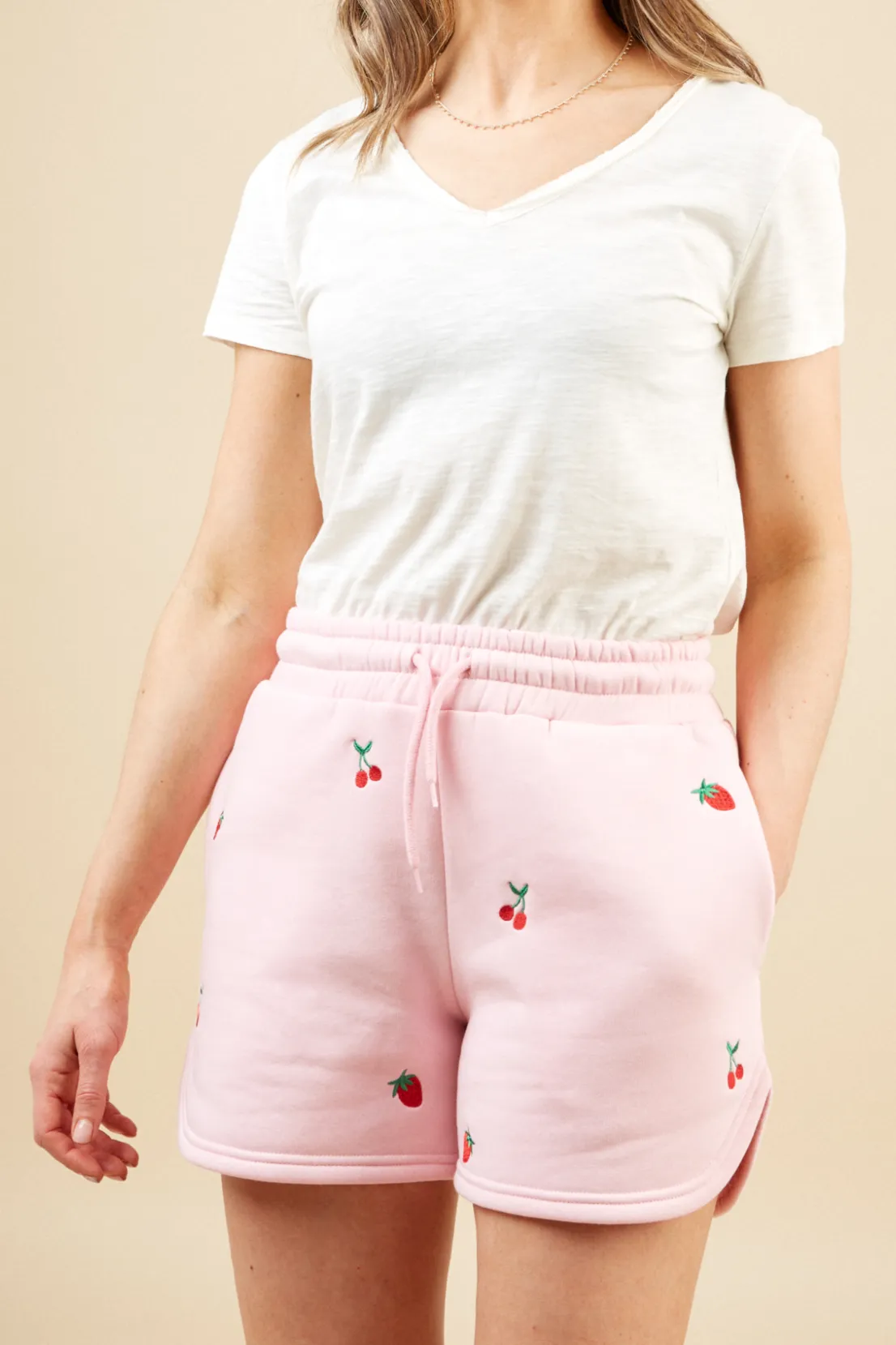 Relaxed Fit Design O&F Fruit Embroidered Shorts - Pink
