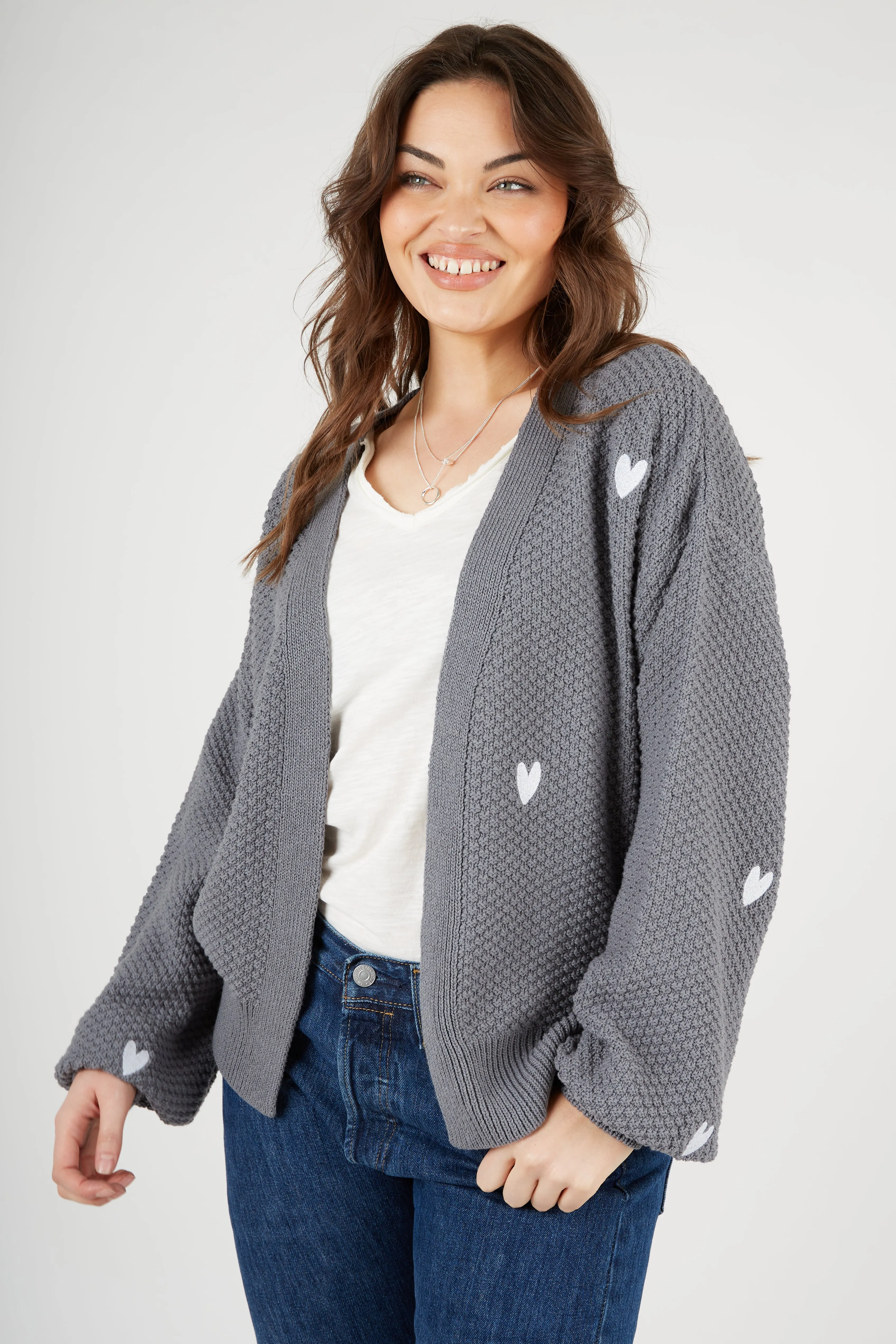 O&F Heart Embroidered Cardigan - Grey Compression Fit