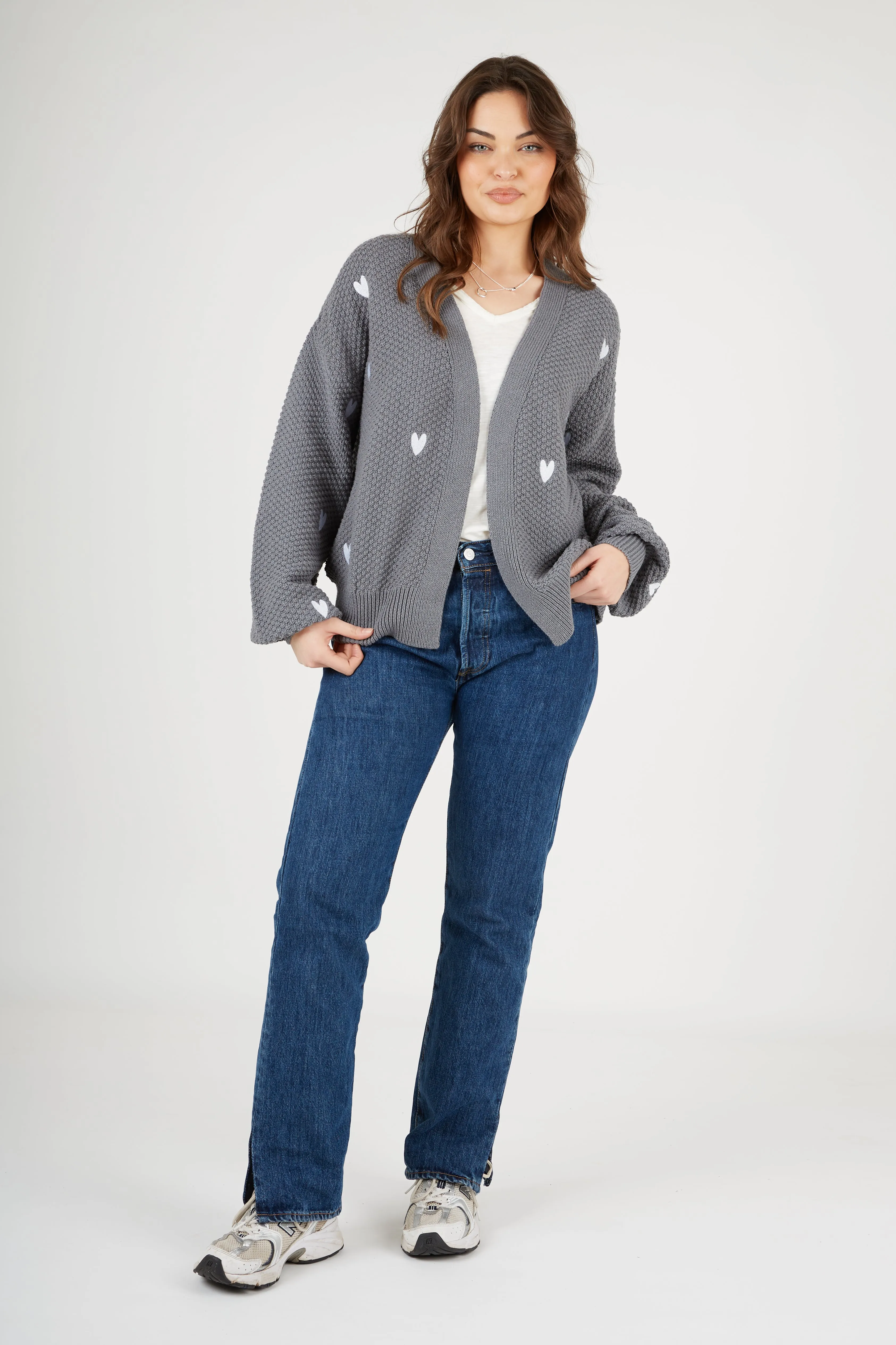 Wrinkle Resistant Finish O&F Heart Embroidered Cardigan - Grey