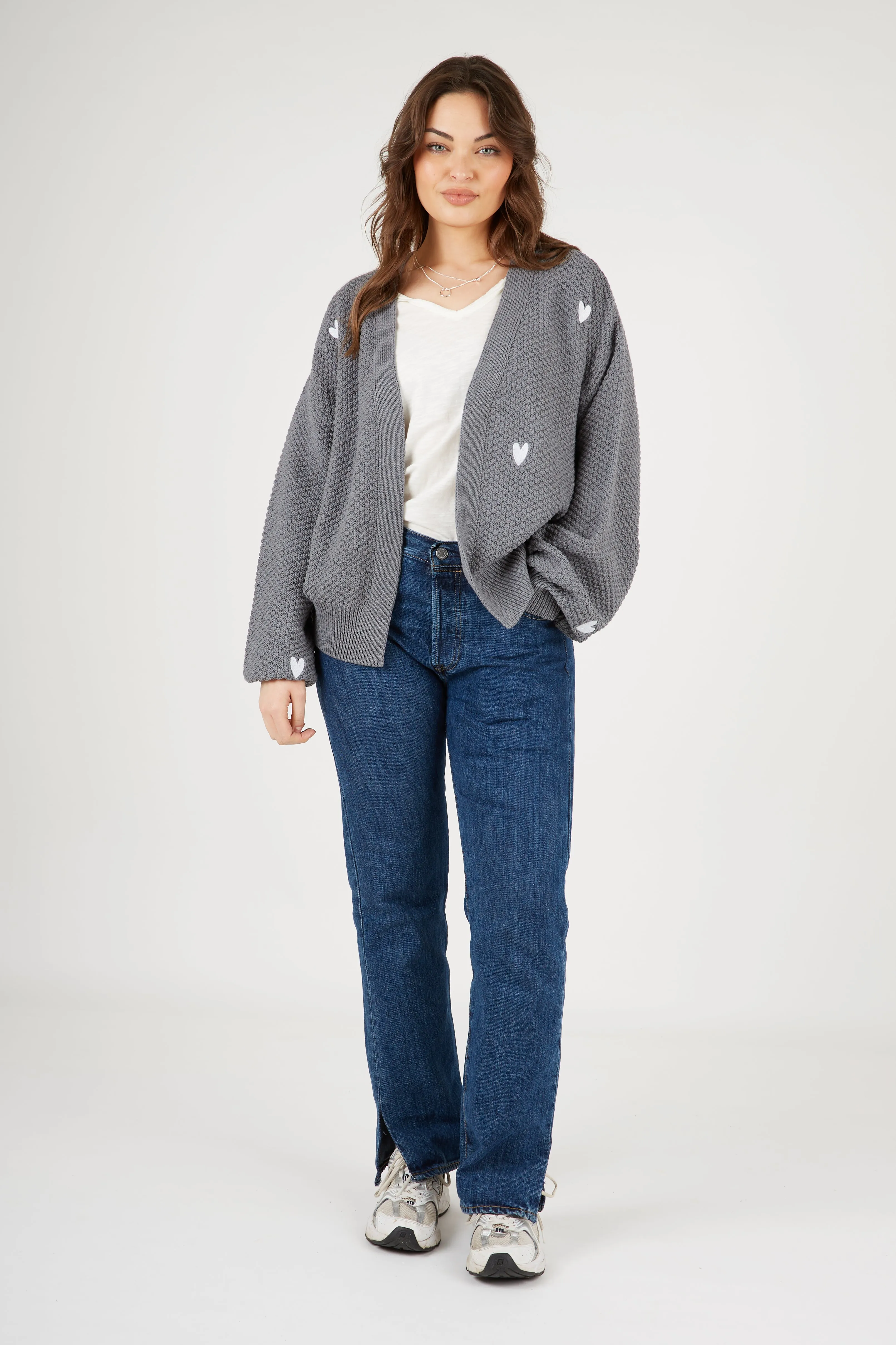 Machine Washable Design Essential Wear O&F Heart Embroidered Cardigan - Grey