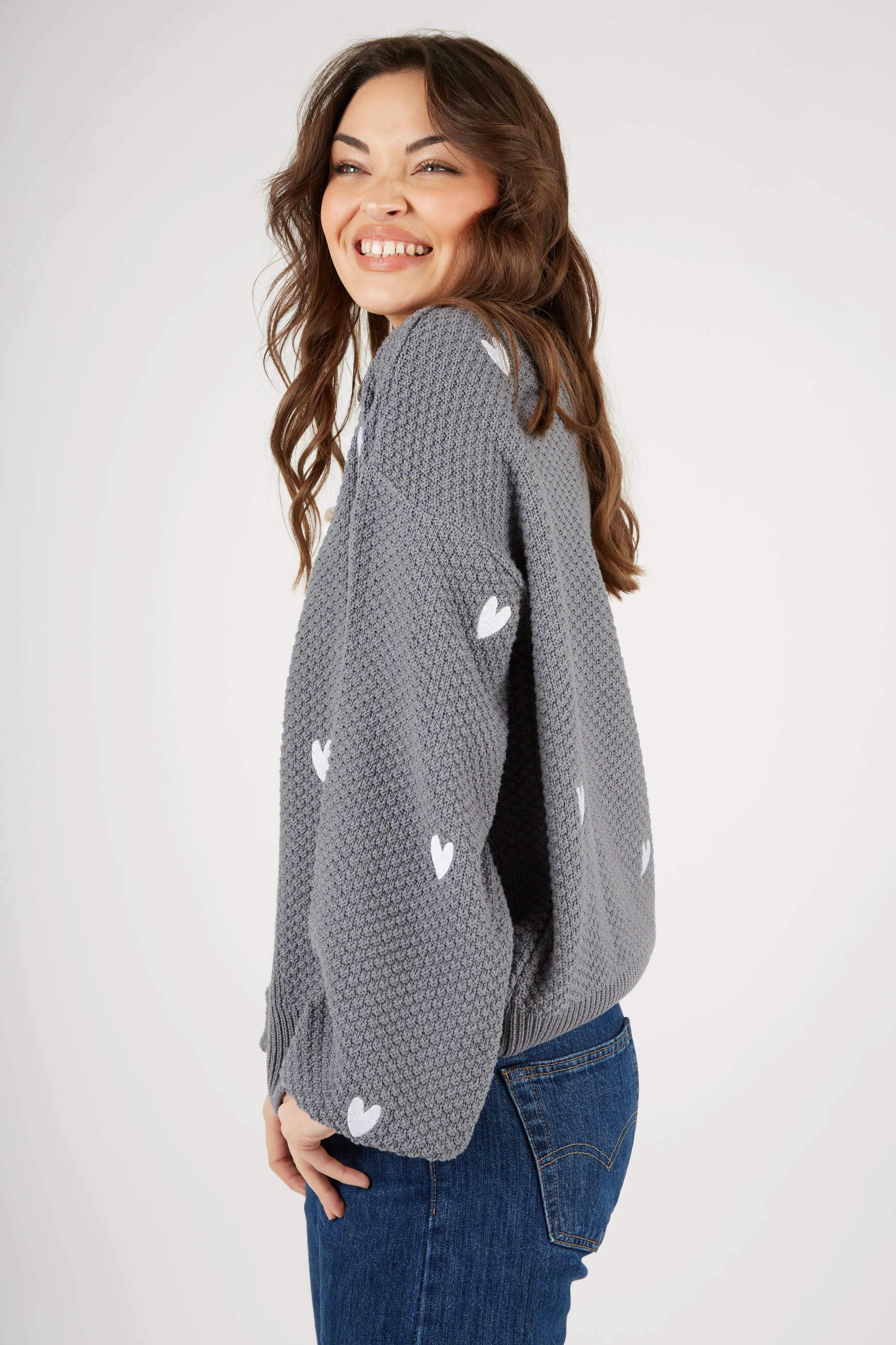 O&F Heart Embroidered Cardigan - Grey LowMaintenance Fabric
