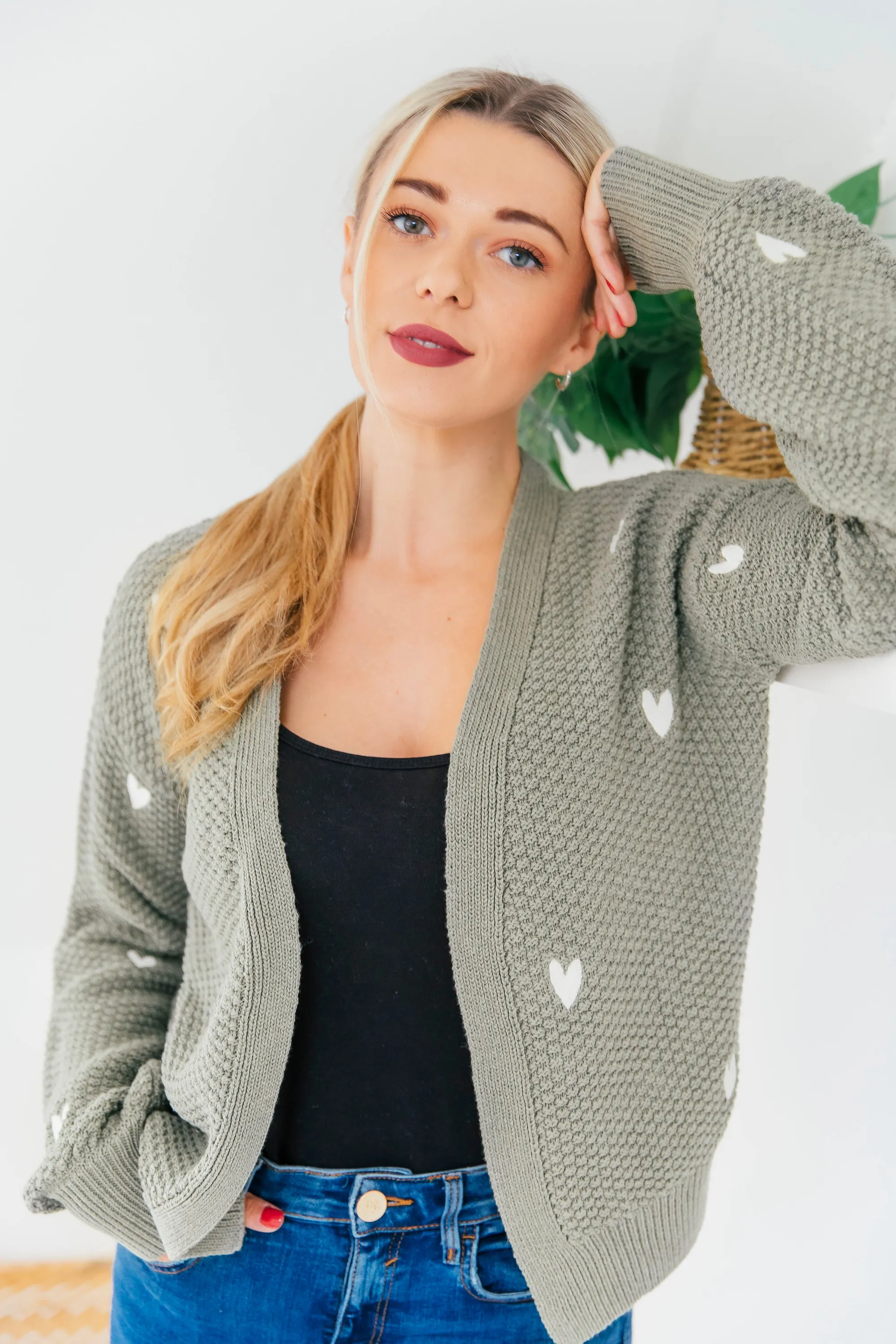 O&F Heart Embroidered Cardigan - Sage Smart Style