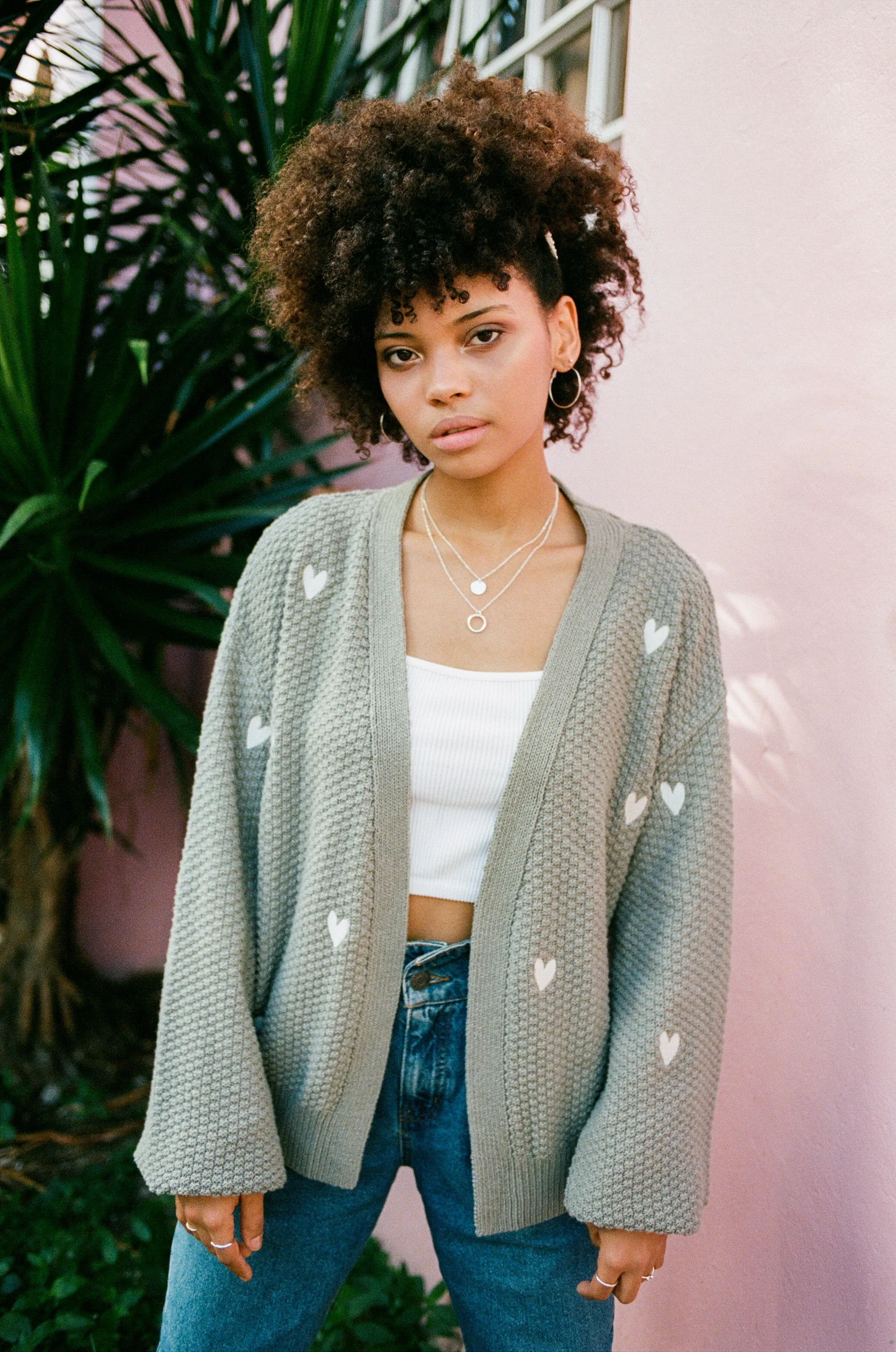 O&F Heart Embroidered Cardigan - Sage LowImpact Processing Year Round