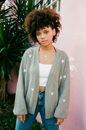 O&F Heart Embroidered Cardigan - Sage LowImpact Processing Year Round
