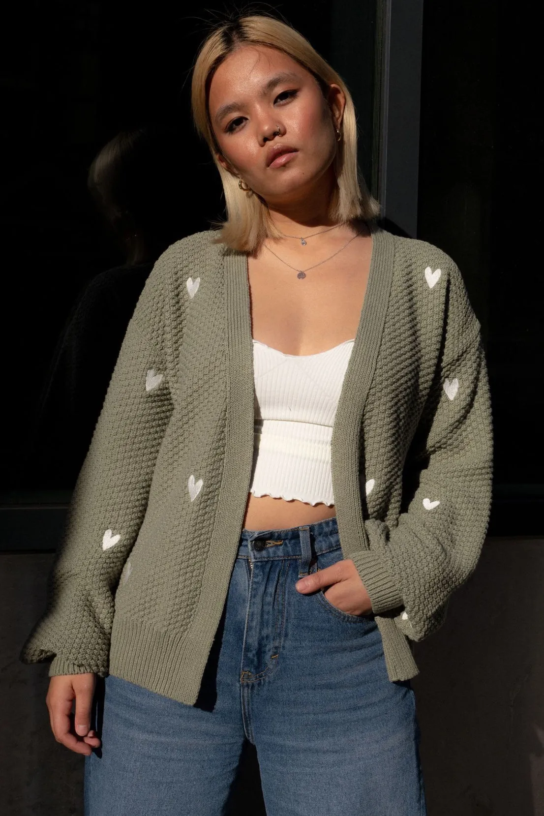 Double Layered Hem O&F Heart Embroidered Cardigan - Sage