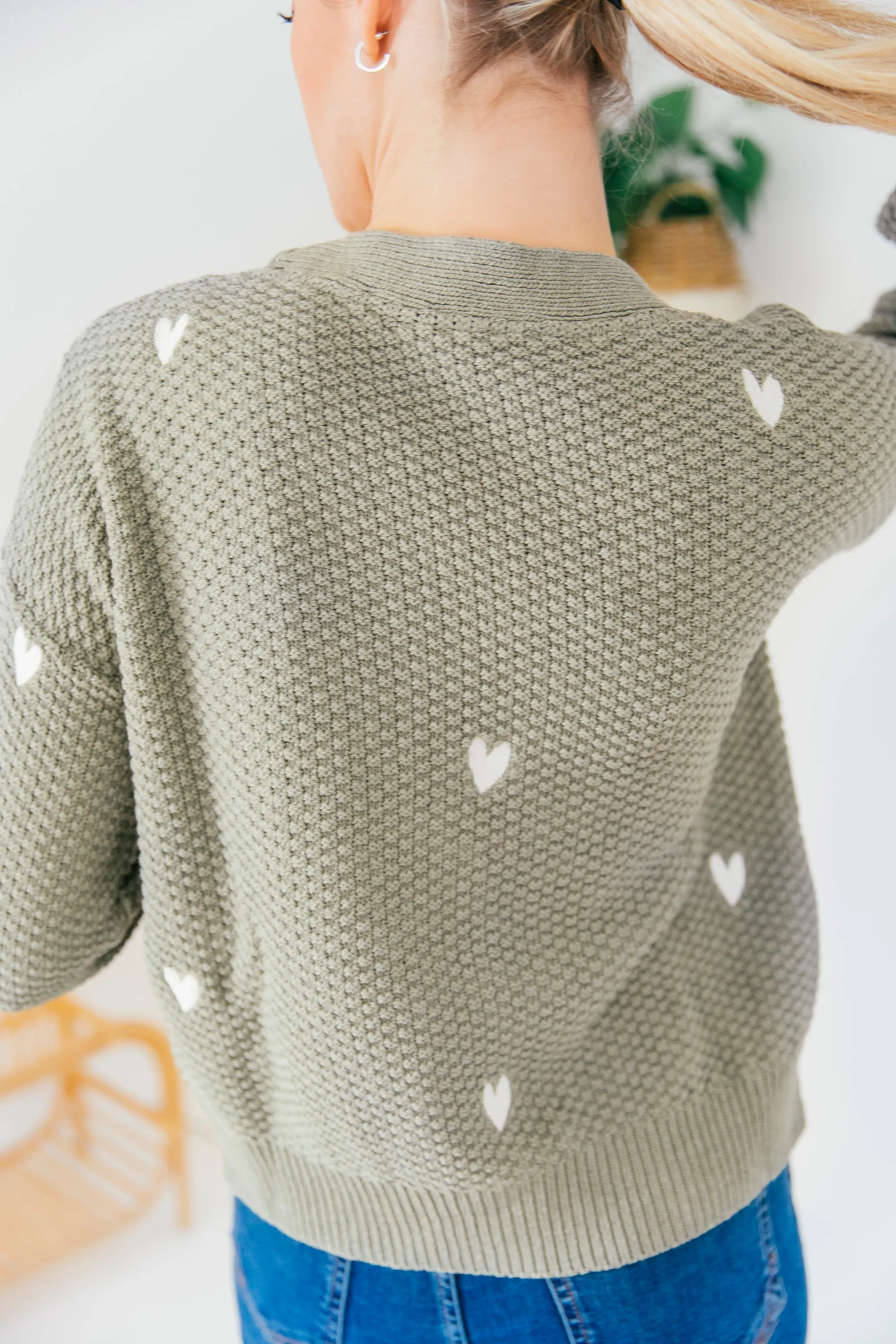 O&F Heart Embroidered Cardigan - Sage Lightweight Open Weave