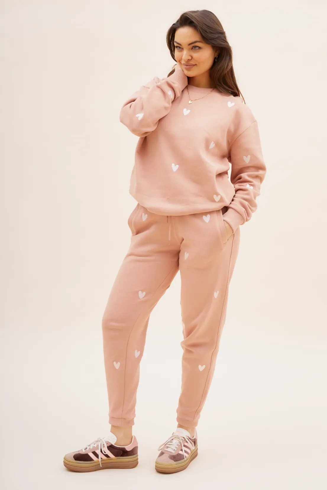 Wool blend O&F Heart Embroidered Joggers -  Dusty Pink