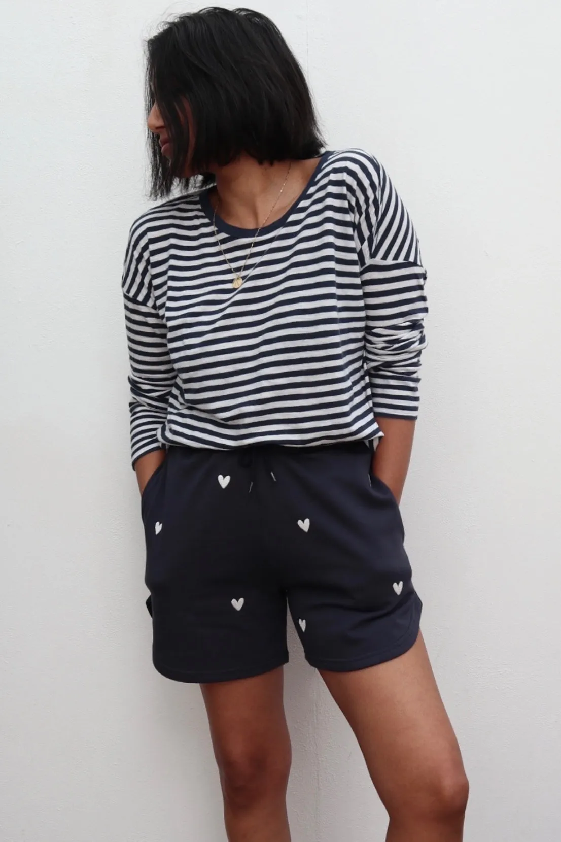 O&F Heart Embroidered Shorts - Navy Sweat Wicking Channels