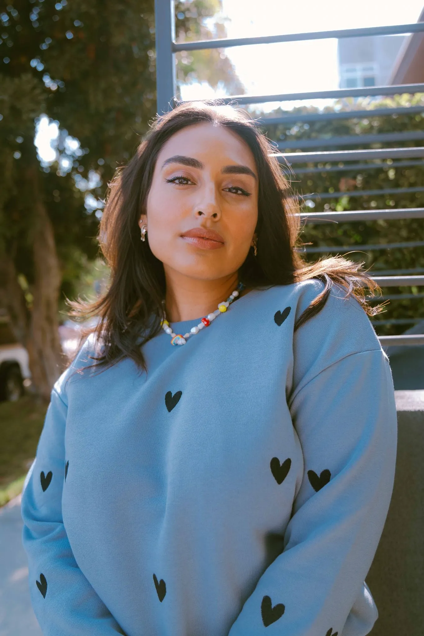 O&F Heart Embroidered Sweatshirt - Blue/Grey Breathable Layer Poolside Relax