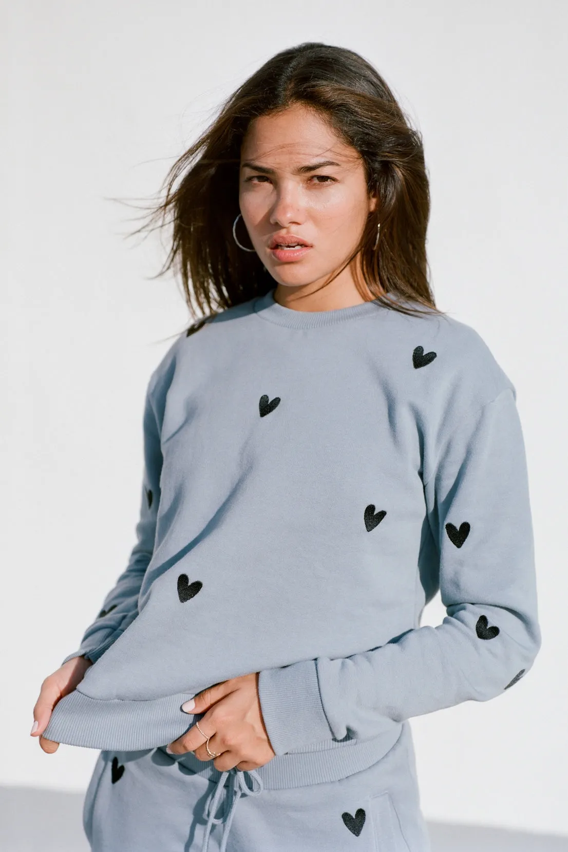 product dancing suitable rhythm O&F Heart Embroidered Sweatshirt - Blue/Grey