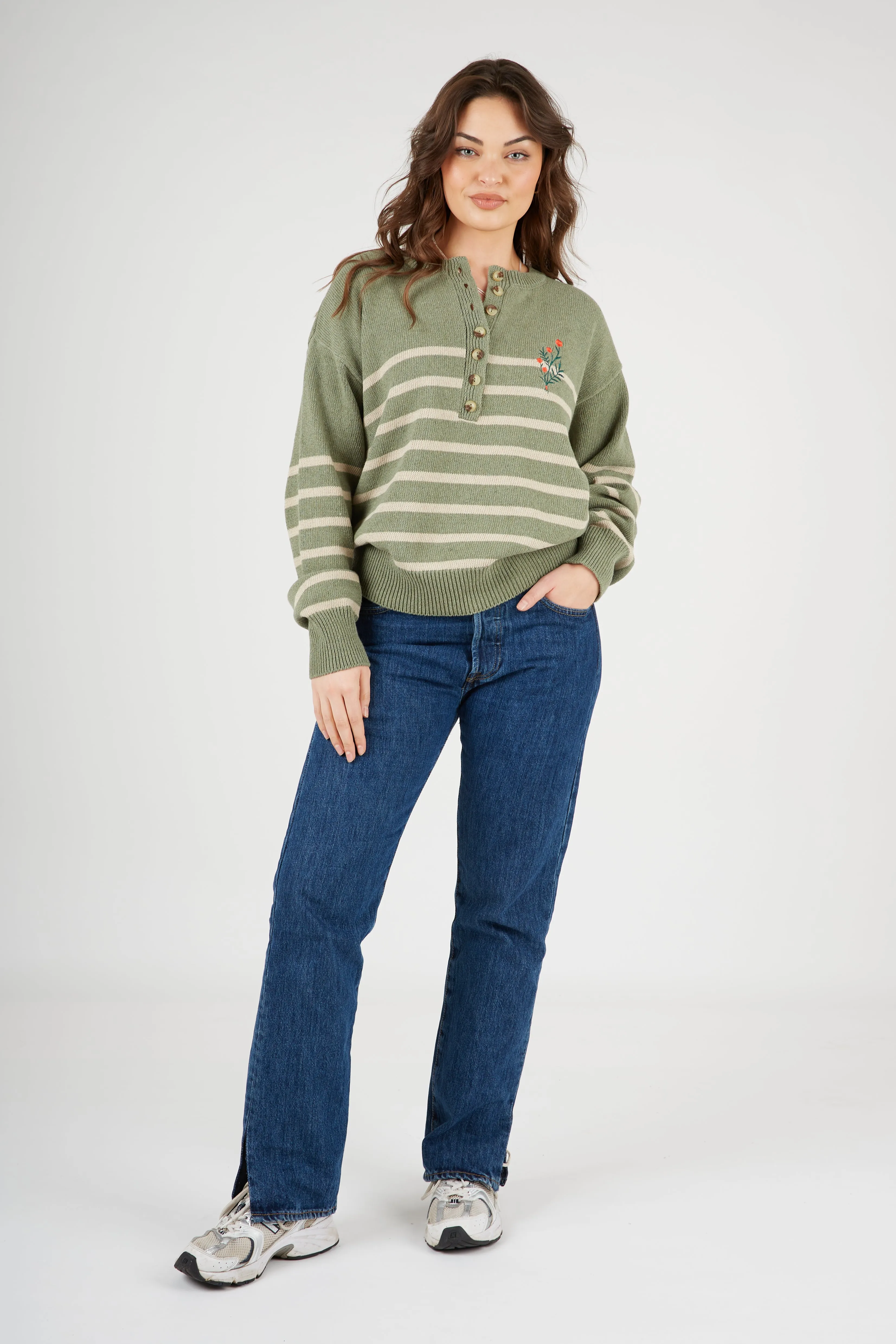 O&F Knitted Henley - Green Colorfast Dyed Knit