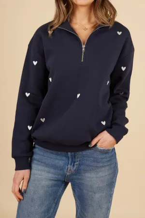 Relaxed Essentials O&F Navy Heart Embroidered Quarter Zip Sweatshirt