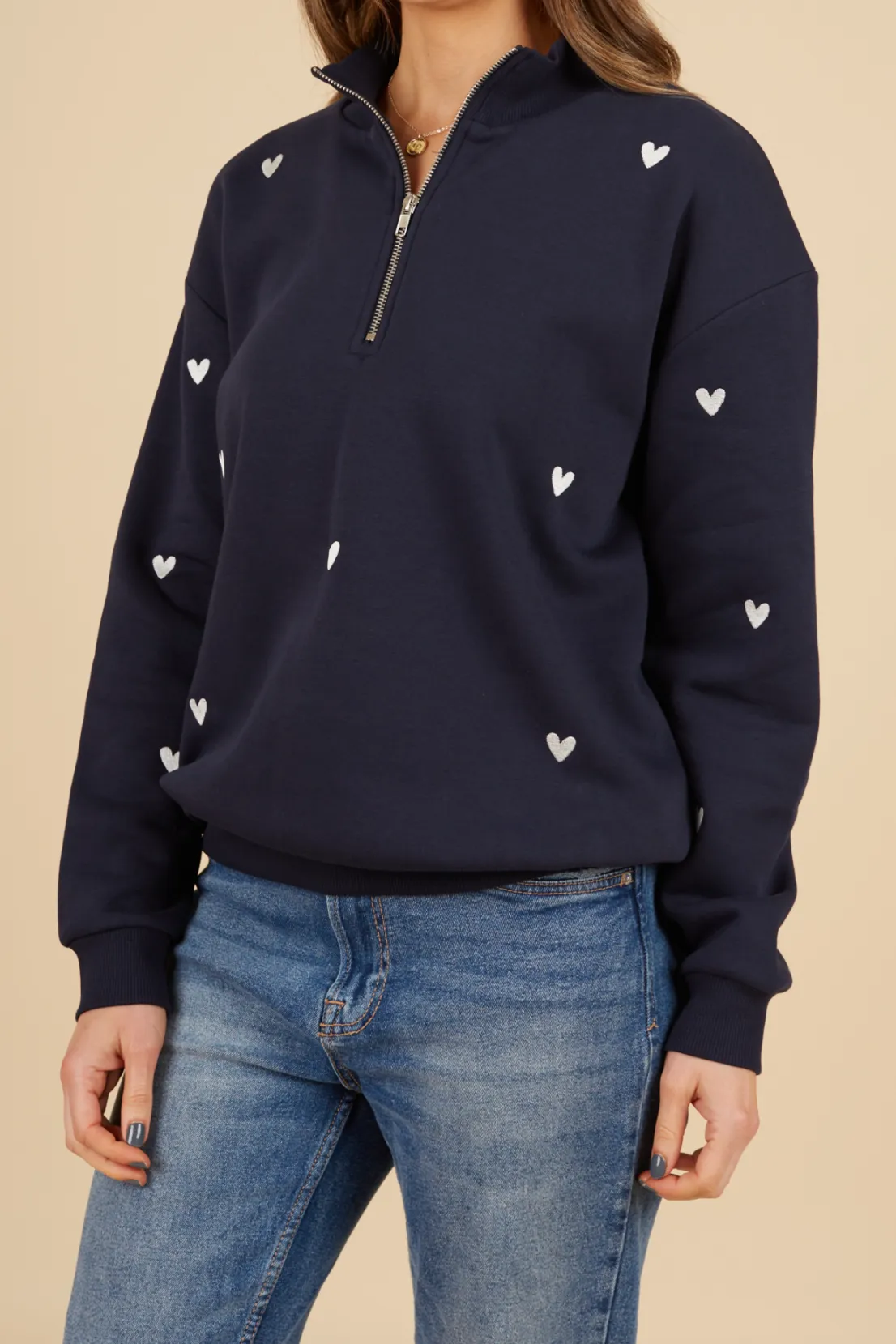 O&F Navy Heart Embroidered Quarter Zip Sweatshirt Daily Active
