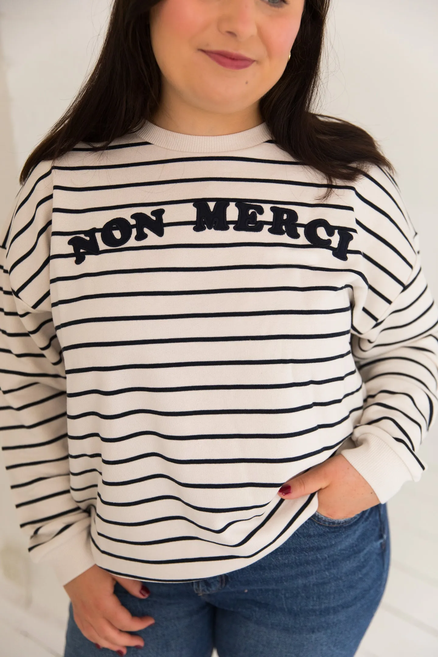 Stain-Resistant O&F Non Merci Stripe Sweatshirt