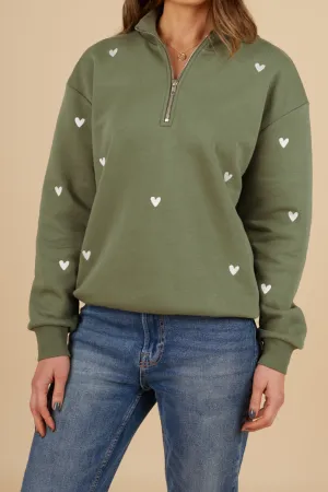 goes with sandals product marbled pattern O&F Olive Heart Embroidered Quarter Zip Sweatshirt