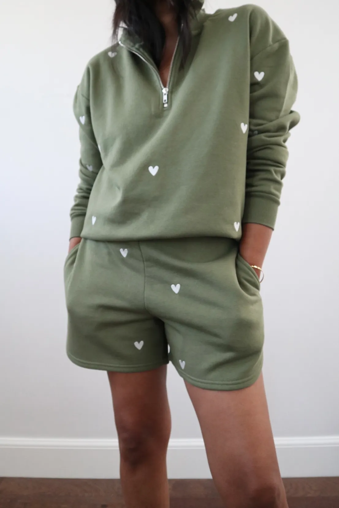 O&F Olive Heart Embroidered Quarter Zip Sweatshirt Machine washable