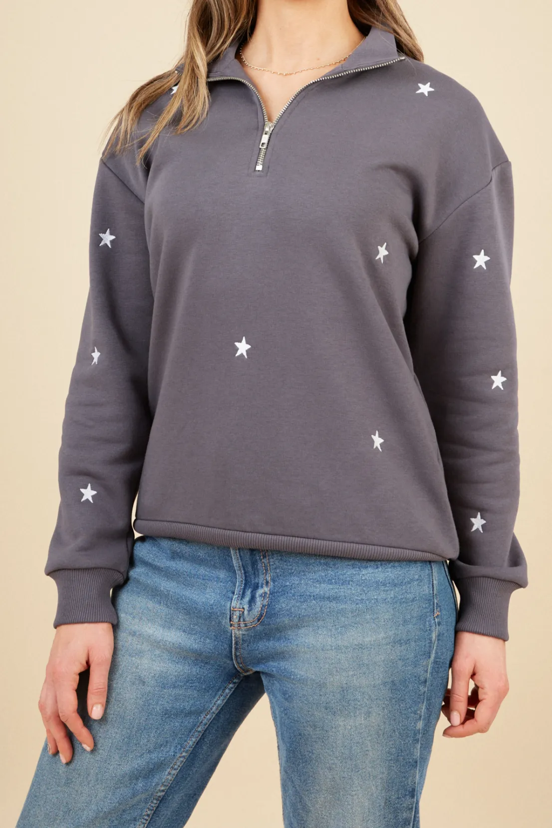 O&F Star Embroidered Quarter Zip Sweatshirt - Grey Comfort Design Cool Vibes