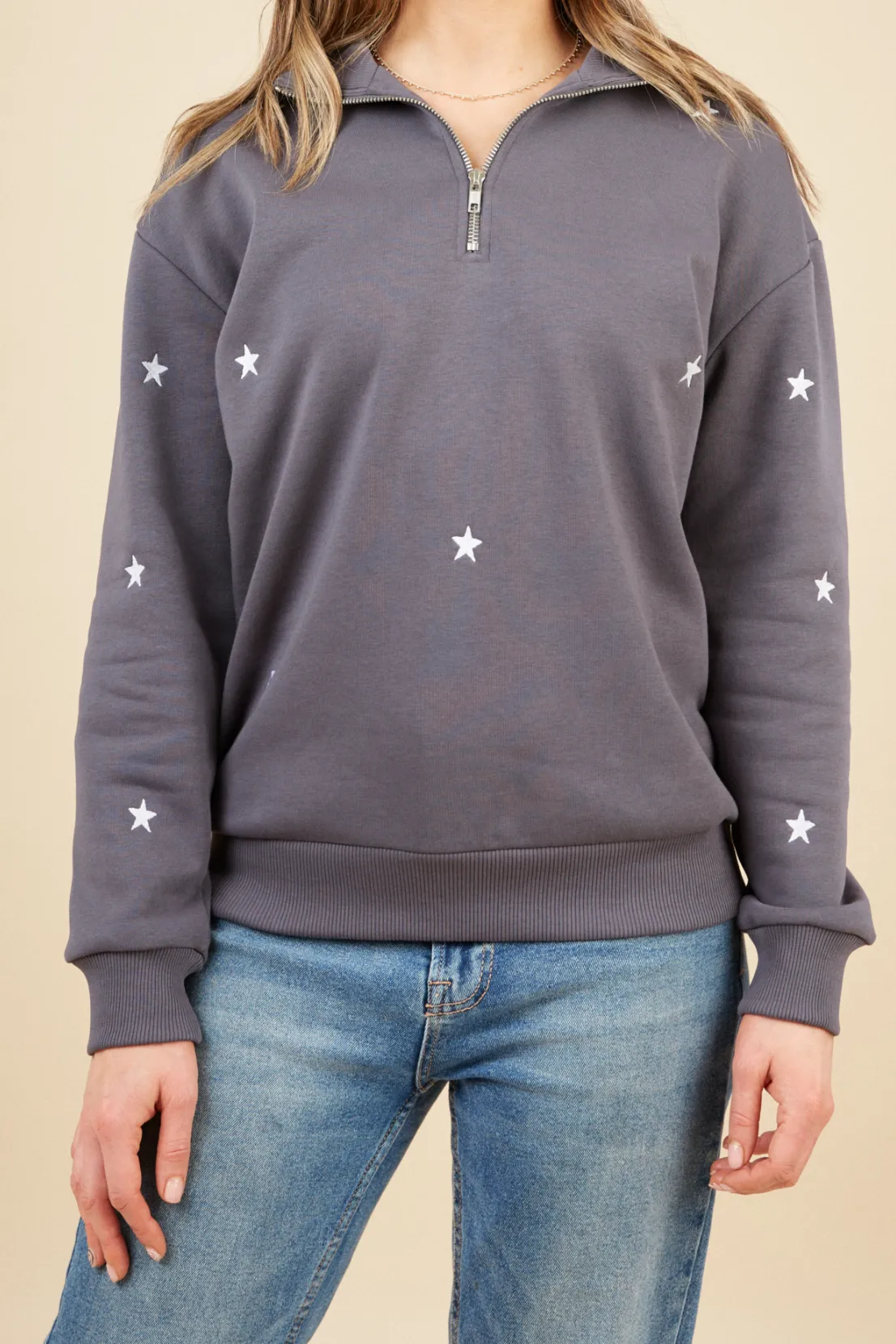 O&F Star Embroidered Quarter Zip Sweatshirt - Grey Scoop neck product formal casual harmony