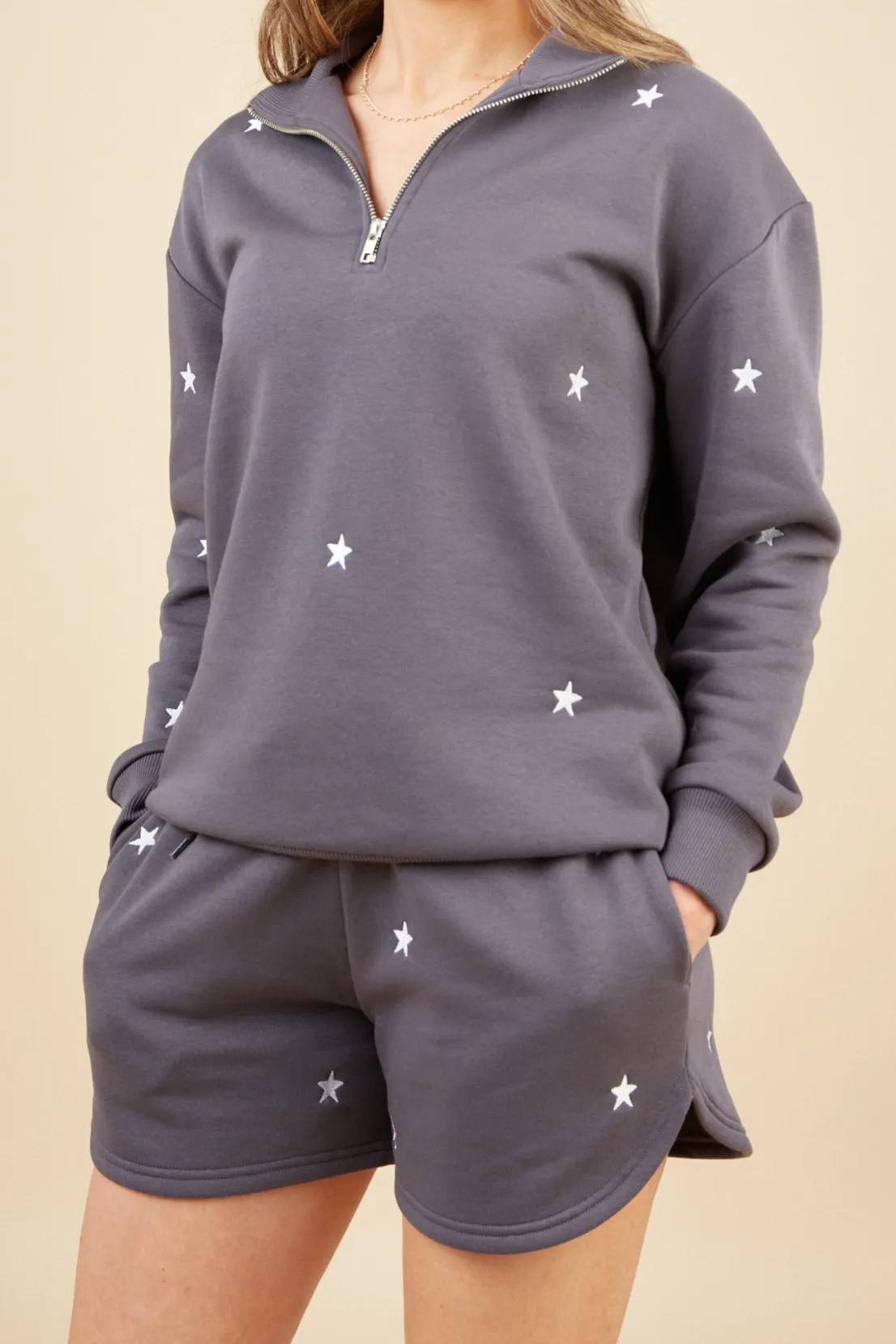 O&F Star Embroidered Quarter Zip Sweatshirt - Grey Weekend Layer Lightweight Layer