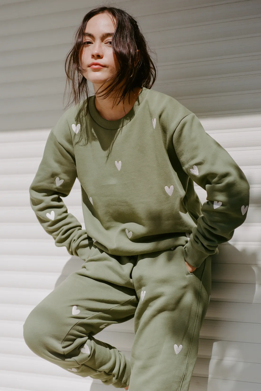 O&F Heart Embroidered Sweatshirt - Olive product retro nostalgia Cozy Hoodie