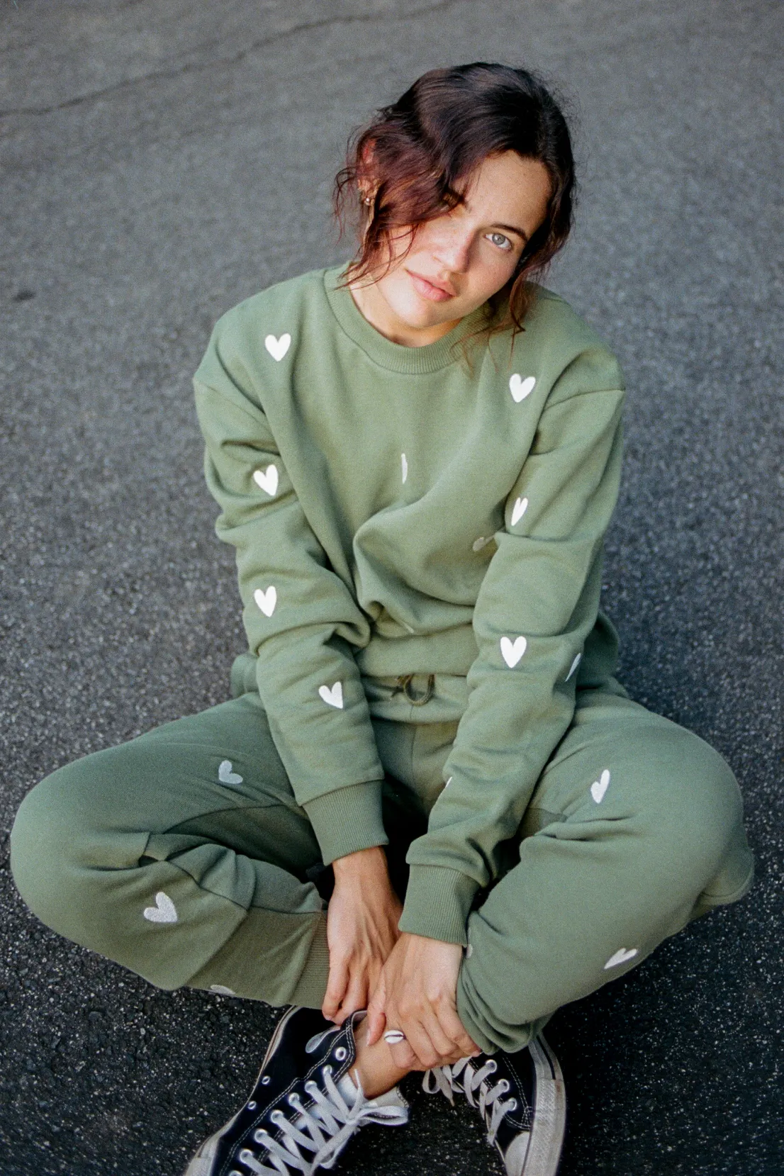 O&F Heart Embroidered Sweatshirt - Olive product fuzzy coziness Cuffed Sleeves