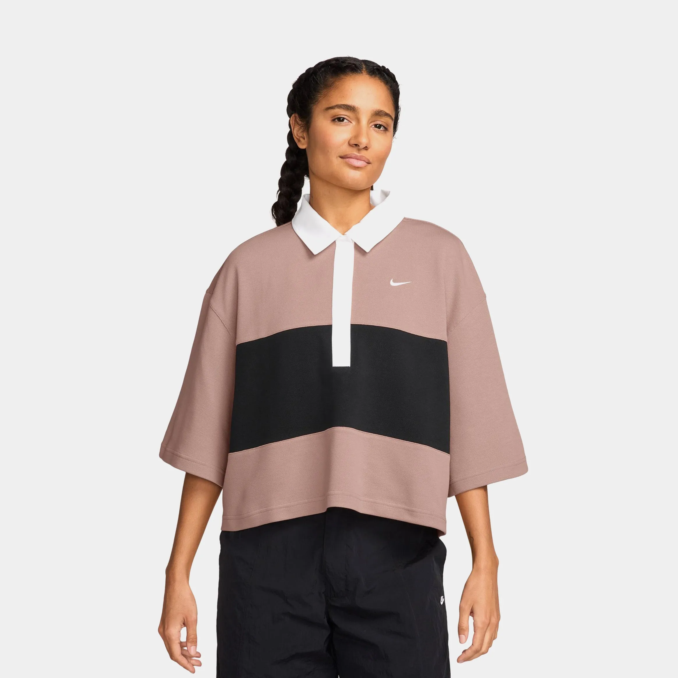 Oversized Polo Womens Short Sleeve Shirt (Particle Pink/Black/White/White) Casual Fashion Light Pants