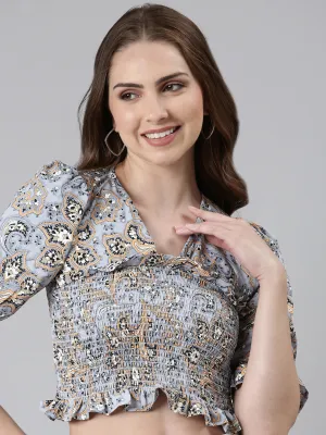 Women's Grey Ethnic Motifs Printed Puffed Sleeves Smocking Crop Top Street Smart Look