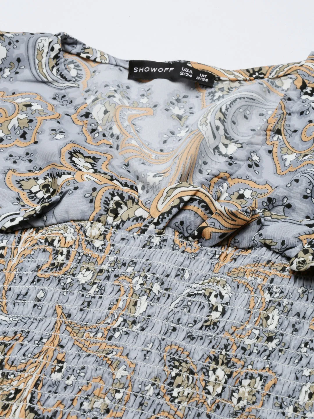 Women's Grey Ethnic Motifs Printed Puffed Sleeves Smocking Crop Top Minimalist Style Weekend Essential