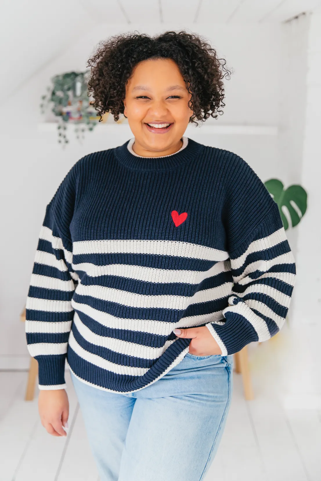 O&F Stripe Jumper with Heart Embroidery Autumn Layer