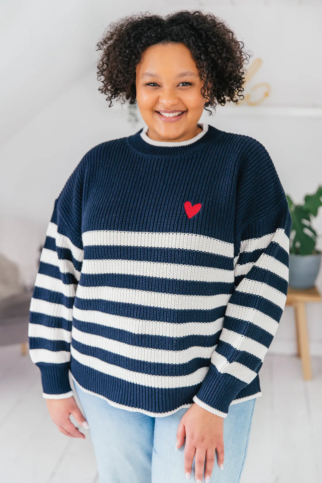 O&F Stripe Jumper with Heart Embroidery Closet Essential