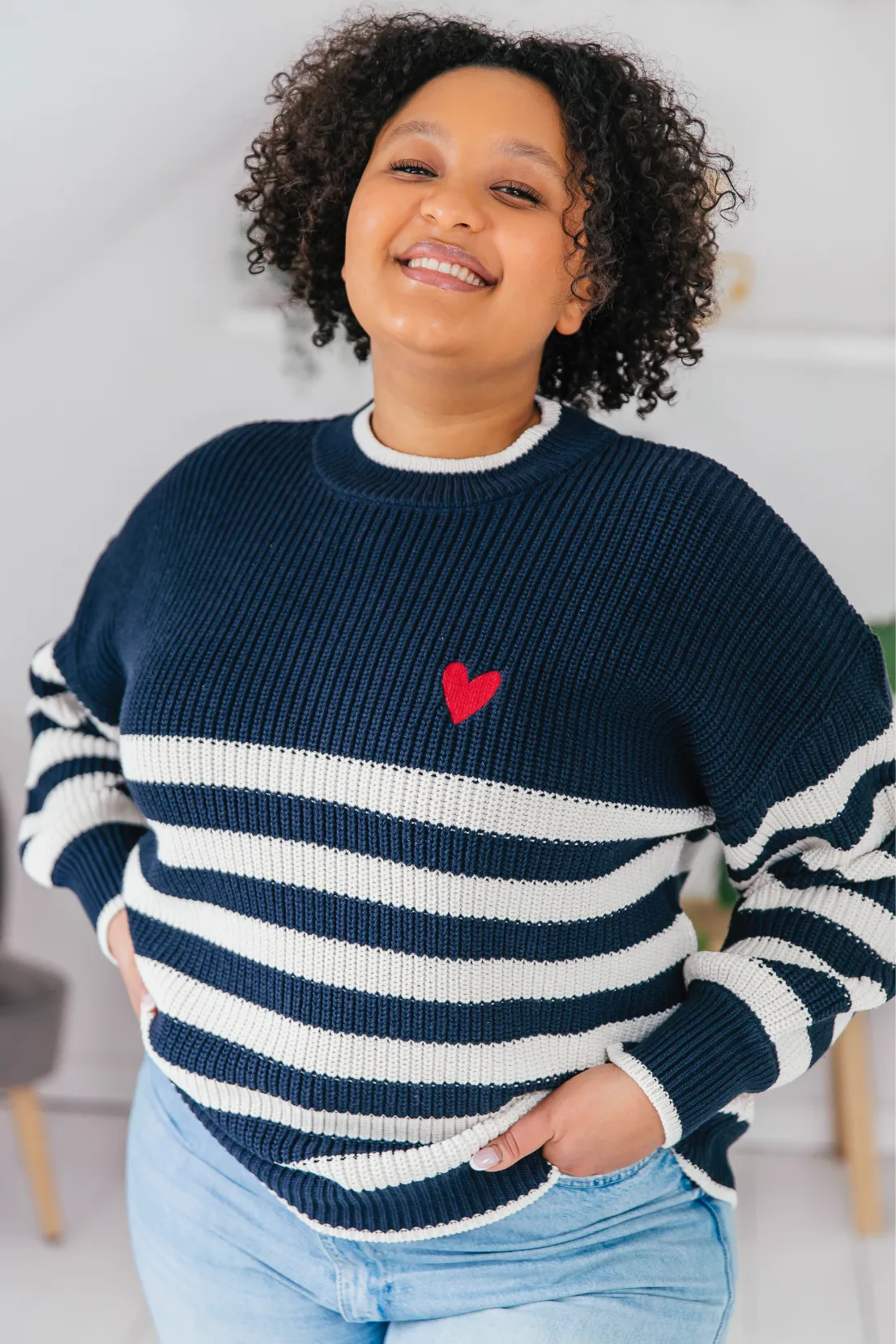 O&F Stripe Jumper with Heart Embroidery Chill Weather