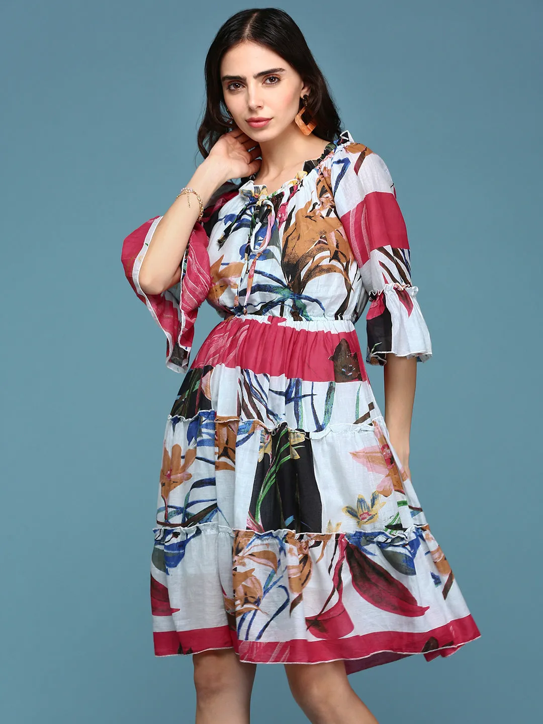 Perfect For Work Sleek Design Fit Women's Multi Floral Printed Off- Shoulder Cotton Tiered Dress
