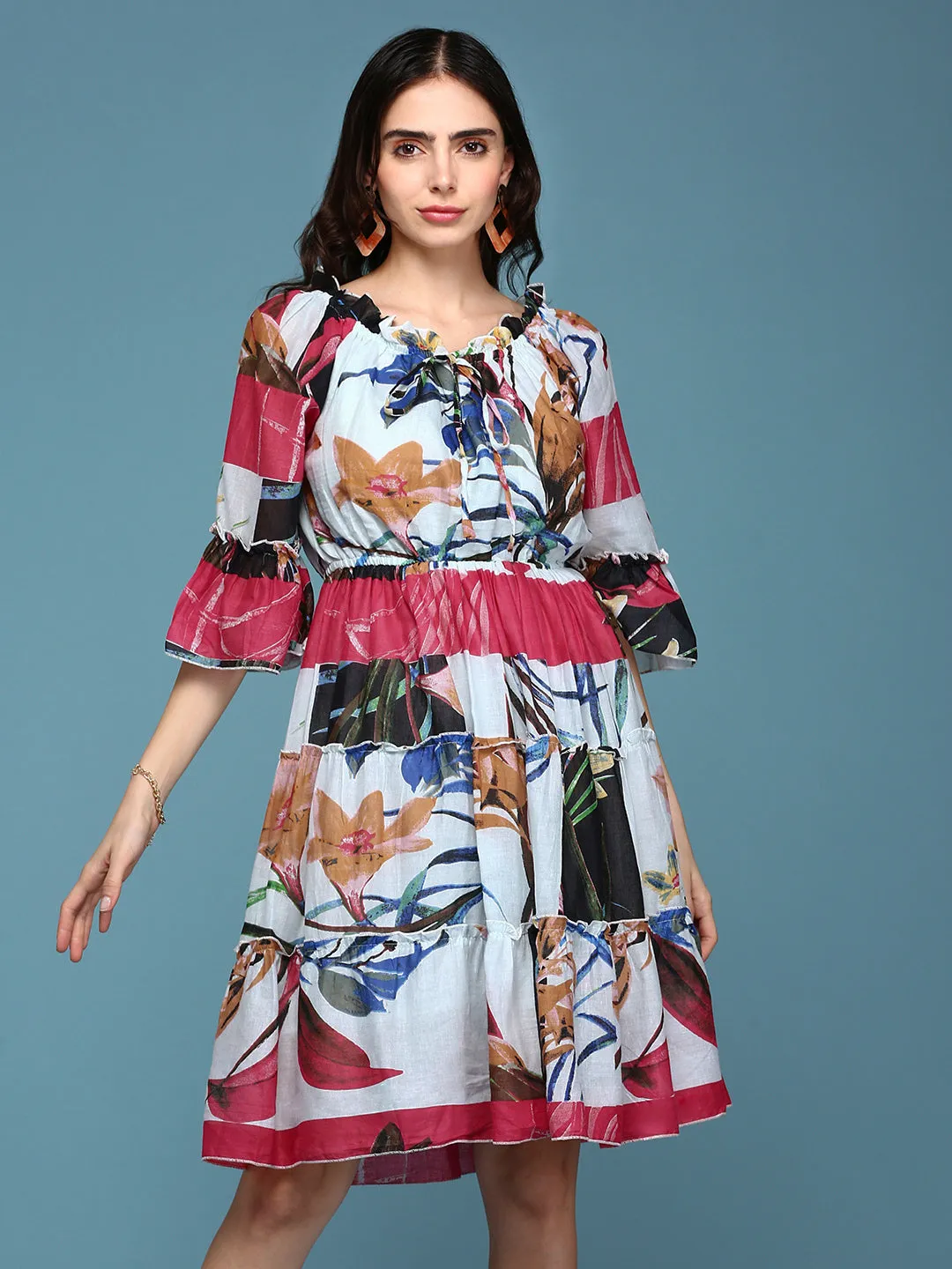 Effortless Comfort Feminine Look Women's Multi Floral Printed Off- Shoulder Cotton Tiered Dress