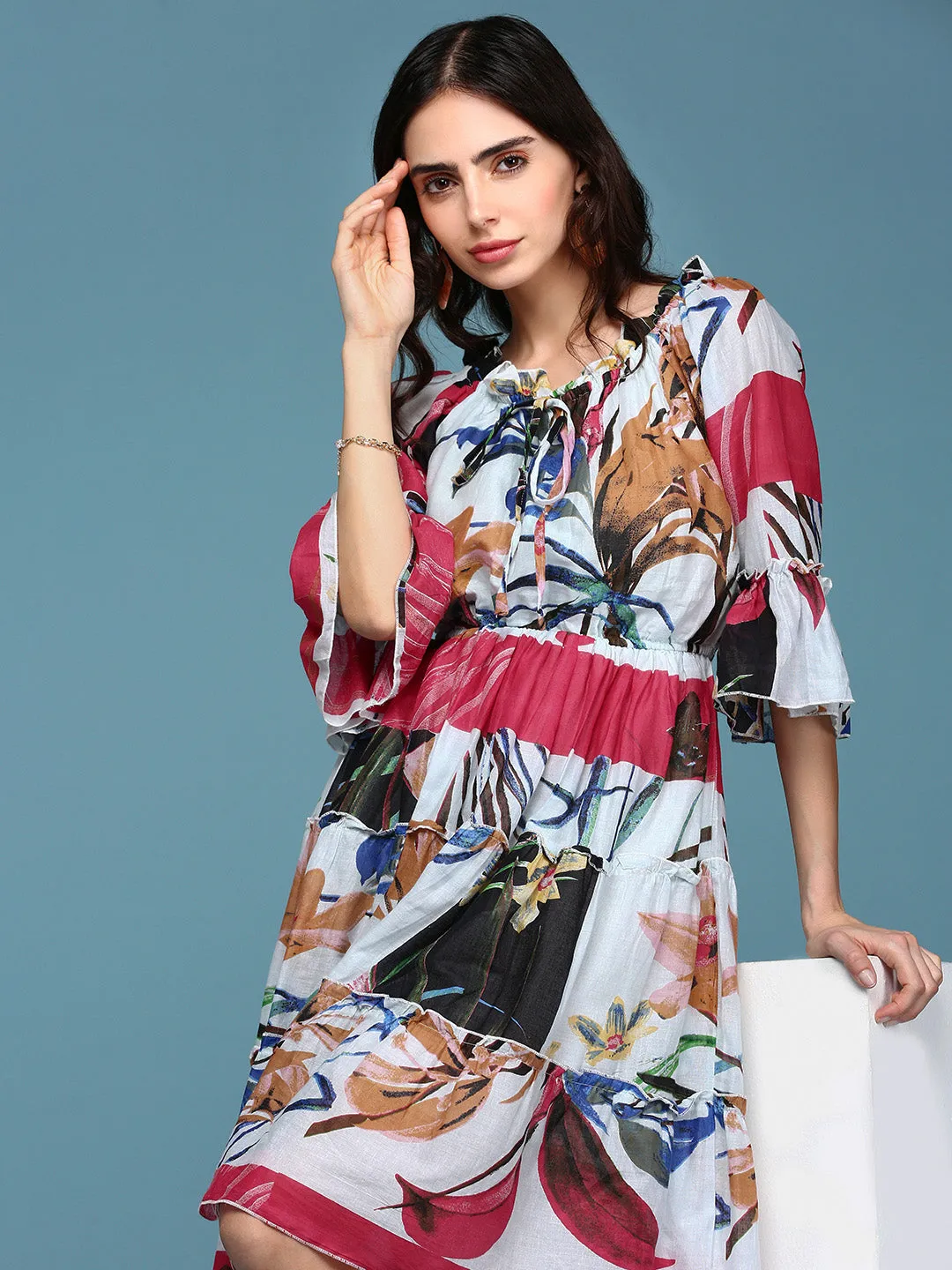 Women's Multi Floral Printed Off- Shoulder Cotton Tiered Dress Comfy Wear Fit For All