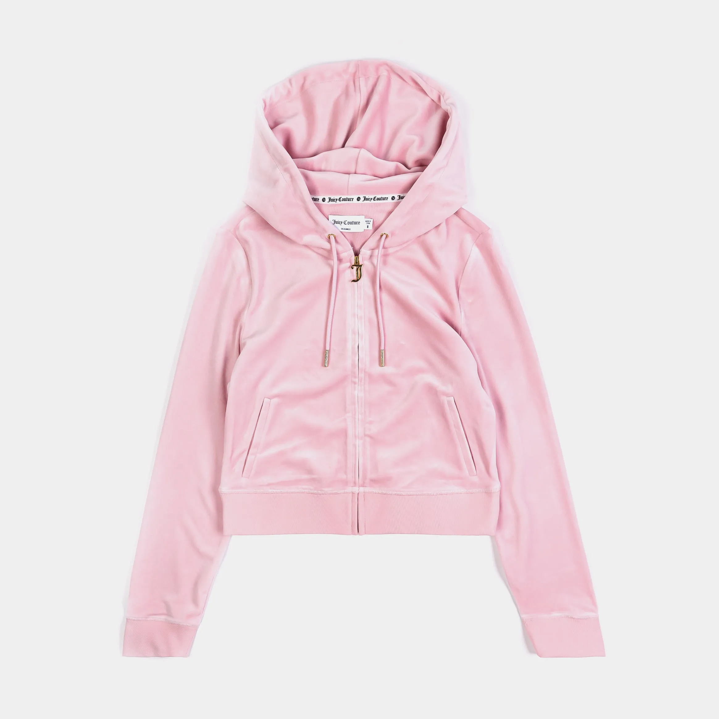 Lounge Fit Zippered Pocket OG Bling Velour Full Zip Womens Hoodie (Pink/Gold)