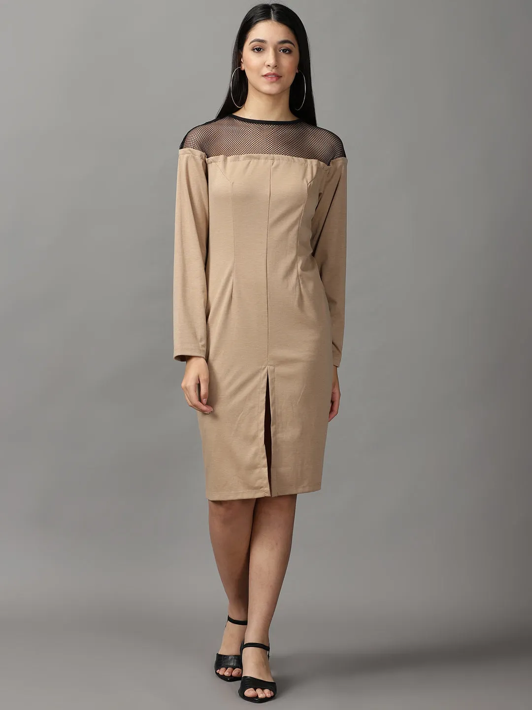 Pretty Glow Women's Beige Long Sleeves Round Neck Bodycon Dress