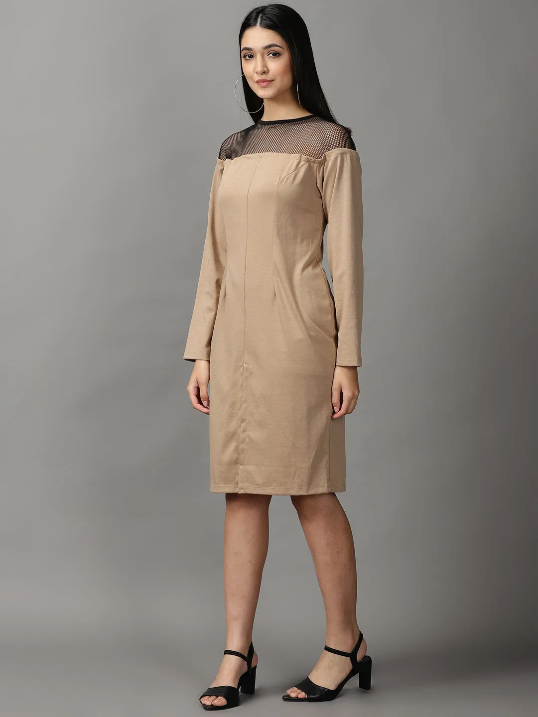 Women's Beige Long Sleeves Round Neck Bodycon Dress Smooth-Lining Flexible Waist
