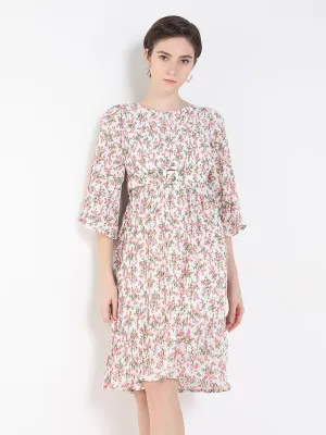Women's White Round Neck Accordion Pleats Floral Printed Chiffon A-Line Dress With Belt Day-To-Night Wear Relax Draping